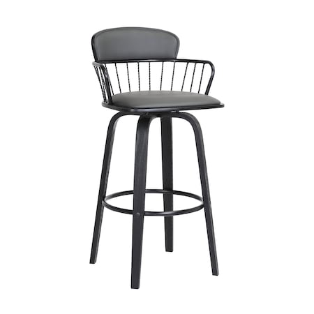 Armen Living Willow 30" Swivel Black Wood Bar Stool in Gray Faux Leather with Black Metal LCWIBABLKGRY30